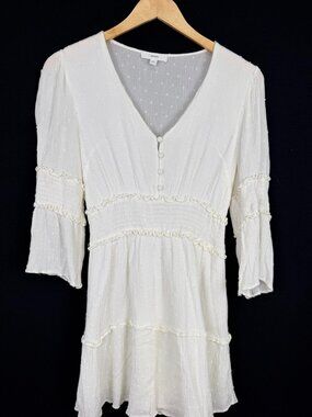 Aeom White Swiss‎ Dot Tiered Mini Dress V-Neck Bell Sleeve Lined Medium M